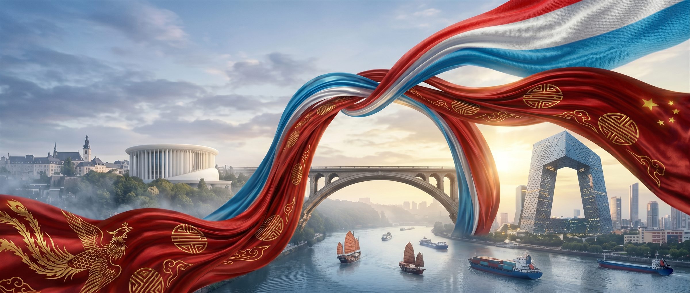 Red, white and blue ribbons connecting China and Luxembourg skylines